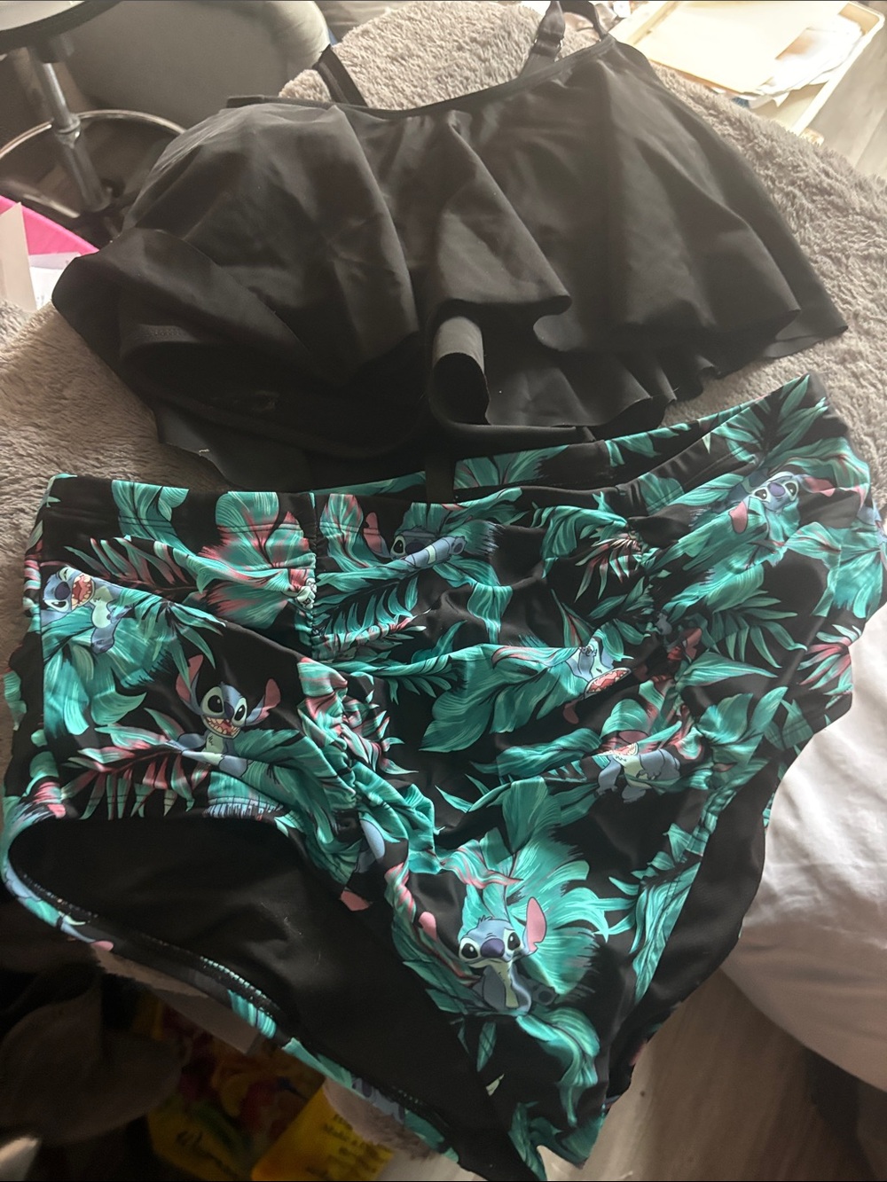 Disney Black Tankini Top with Tropical Stitch Print High-Waist Bikini Bottoms - Picture 1 of 1